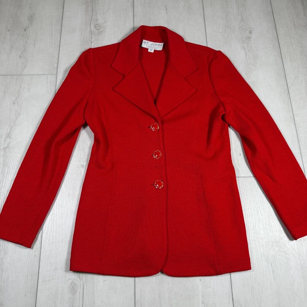 St. John Marie Gray Knit Bright Red Blazer Jacket 6 Old Money